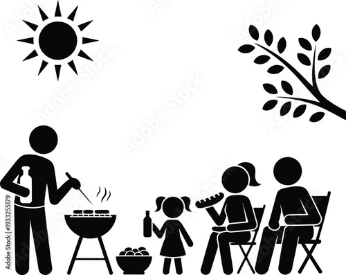 A black and white pictogram showing a happy family enjoying an outdoor barbecue party on a sunny day.
