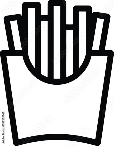 Black and white line icon of a container filled with crispy french fries on a white background.
