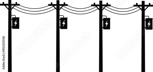 Black silhouette vector illustration of utility poles with overhead power lines, electrical cables, lightning bolt warning signs, power distribution infrastructure graphic