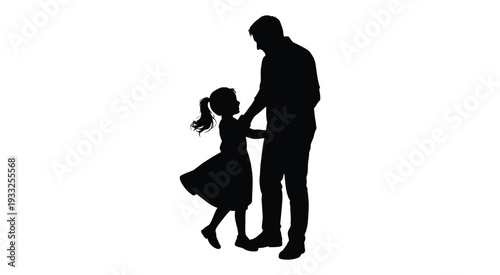 Silhouette of father and daughter dancing, joyful family moment, carefree fun and love, parent and child activity graphic, minimal black vector illustration for lifestyle and family themes.