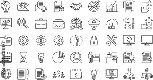 Business management and corporate strategy line icon set showing finance analytics teamwork documents cloud security vector illustration collection