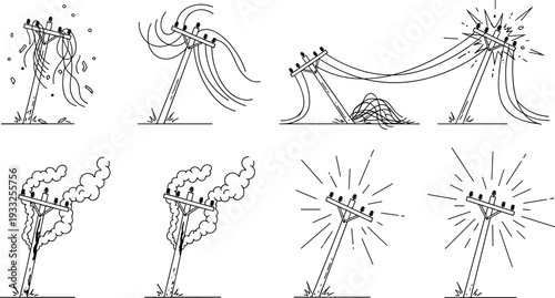 Black silhouette vector illustrations of damaged utility poles, broken power lines, electrical explosions, sparks, fire, storm damage, fallen wires, electricity failure scenes