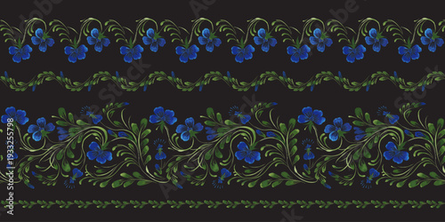 Vector floral seamless border pattern from hand painted blue forget-me-not flowers on a black background. 4 pattern brushes in the brush palette