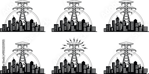 Black silhouette vector illustrations of high voltage transmission towers over city skyline, power pylons with electric arcs, lightning strikes, urban energy grid infrastructure