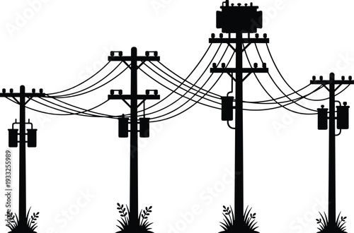 Black silhouette vector illustration of utility poles with transformers, overhead power lines, electrical cables connecting multiple poles, urban electricity infrastructure graphic