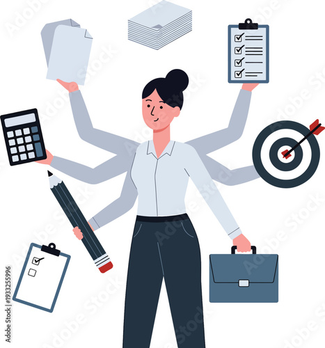 Businesswoman multitasking with many arms holding calculator clipboard briefcase target and documents for corporate project management and effective workflow concept on transparent background art