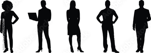 Business silhouettes, corporate professionals, teamwork concept, diverse group, leadership figures, formal attire, laptop holding, workplace diversity, communication, unity, analysis, collaboration