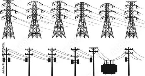 Black silhouette vector set of high voltage transmission towers, lattice power pylons, overhead lines, utility poles with transformers, electrical grid infrastructure illustrations