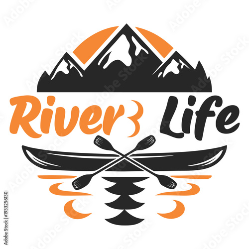 River Life adventure emblem with canoe paddles mountains sun and water waves design