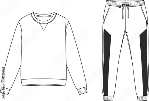 Sweatshirt and jogger pants cad drawing, fashion vector sketch, flat front view, casual sportswear outfit template, technical illustration