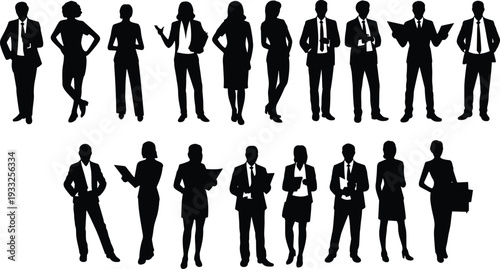 Business professionals silhouettes, corporate teamwork illustration, office diversity poses, executive presentation figures, business attire icons, workplace collaboration vector design