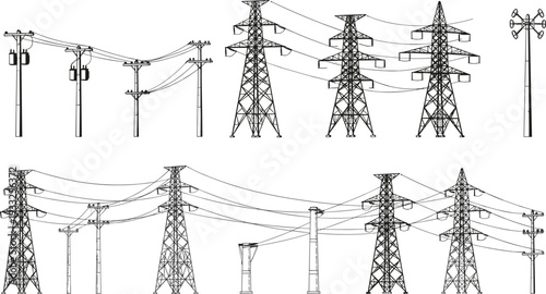 Black silhouette vector set of high voltage transmission towers, utility poles, overhead power lines, lattice pylons, electrical cables, power grid infrastructure illustrations