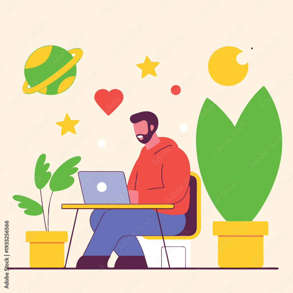 Fototapeta premium Man Working on Laptop From Home Vector Illustration. Remote Work Concept. Home Office Setup and Workspace With Plants