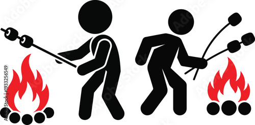 Stick figure people roasting marshmallows over a campfire in a simple icon style illustration.
