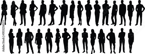 Business silhouettes standing, diverse professionals, suits, arms crossed, hands on hips, holding objects, corporate posture, gesture study, teamwork, vector illustration, design element