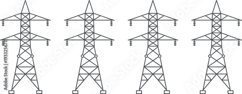 High Voltage Electricity Transmission Towers, Power Line Pylons Lattice Structure, Overhead Cables Insulators, Industrial Energy Grid Vector Illustration Set, Black and White Line Art