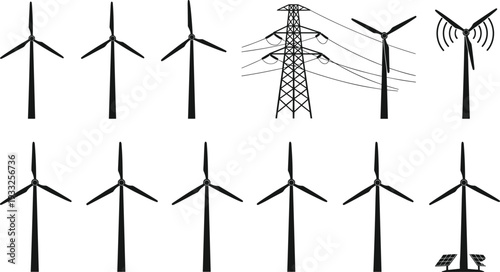 Black silhouette vector set of wind turbines, windmills, power pylon with overhead lines, renewable energy generation, wind power infrastructure illustrations