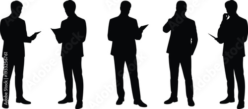 Business silhouettes, corporate professionals, teamwork concept, decision making, leadership figures, formal attire, reading documents, workplace diversity, analysis, communication, unity