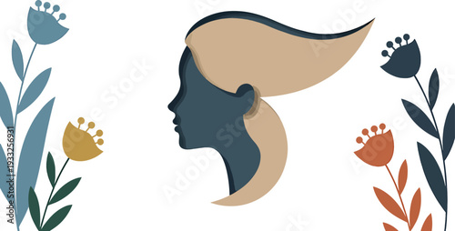 Minimalist profile of woman with flowing blonde hair surrounded by abstract flat flowers representing beauty health wellness and nature connection in contemporary artistic graphic design style