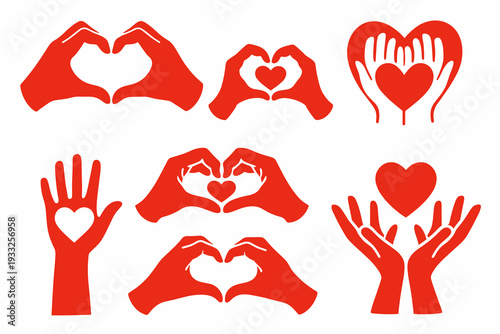 Red silhouette set of hands forming heart shapes, open palms and heart-in-hand icons on white background. Flat vector symbols for love, support, donations, valentine cards, icons and apps.