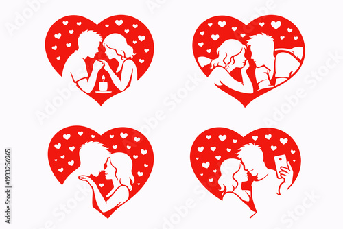 Love moments in red heart frames with small hearts: candlelight dinner, couple lying close, blowing a kiss, and taking a selfie. Vector set for valentines, anniversary, posts, stories.