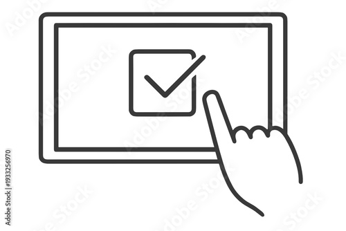 Hand tapping check mark box on tablet screen, simple outline vector. Concept of confirmation, approval, checklist, task completion, and user agreement in mobile UI.