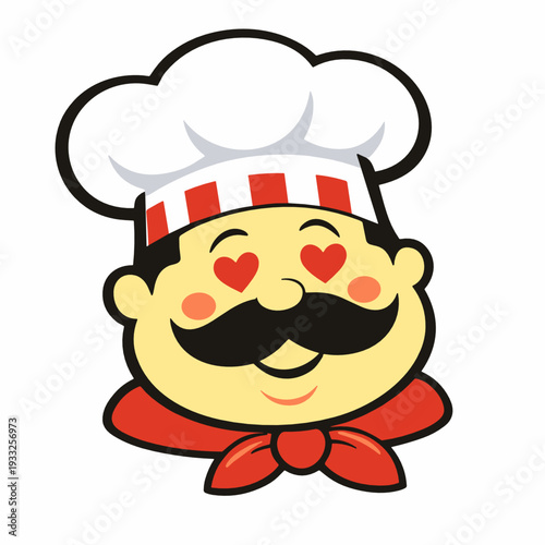 Adorable chef mascot with mustache, red scarf and hat, smiling with heart eyes. Romantic food character for valentine menu design, love cooking, and social media promos.