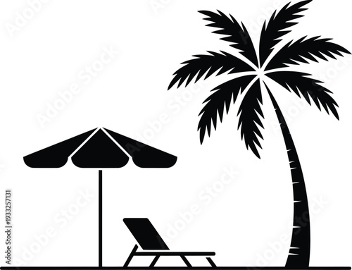 Serene beach scene with lounge chair under umbrella and palm tree in simple elegant black silhouette design perfect for relaxation and vacation themes.