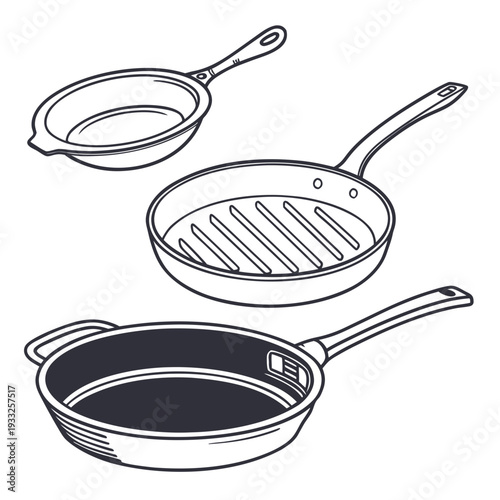 Collection of three assorted pans including a grill pan and a frying pan in outline drawing style for culinary purposes