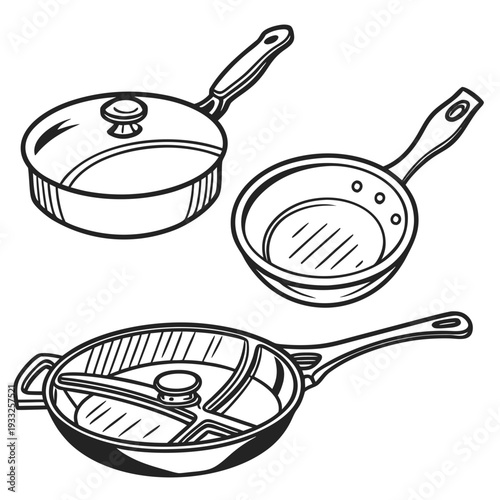 Group of three cookware items a lidded frying pan a small frying pan and a deep grill pan in line drawing style