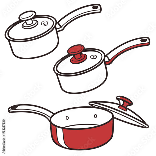 Set of stainless steel saucepans with glass lids and red handles including one open pot showing interior for cooking and kitchenware illustrations