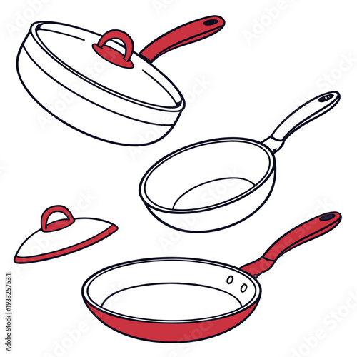 Teflon frying pans collection with glass lids and red ergonomic handles featuring professional non stick surfaces for modern kitchen design vector