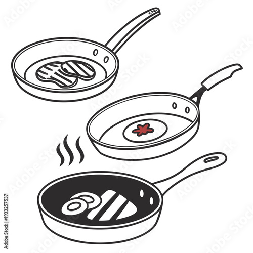 Graphic set of frying pans showing cooking process with meat steaks and steam heat indicators using red thermo spot technology icons for kitchenware