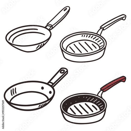 Various frying pans including grill pan and standard skillets with line art style and red handle accents for culinary icons and kitchen advertising