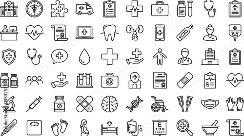 Healthcare and medical line icon set featuring hospital emergency medicine diagnosis treatment pharmacy insurance symbols vector illustration collection