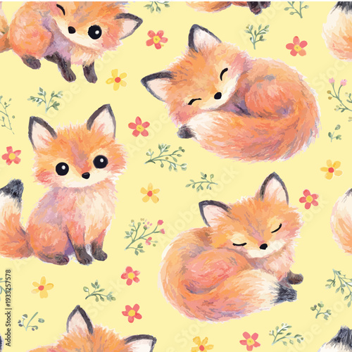 Cute Baby Fox Foxes Animal Child Children Adorable Kid Happy Wildlife Woodland Forest Nature Orange Background Foxy Fun Vector Print