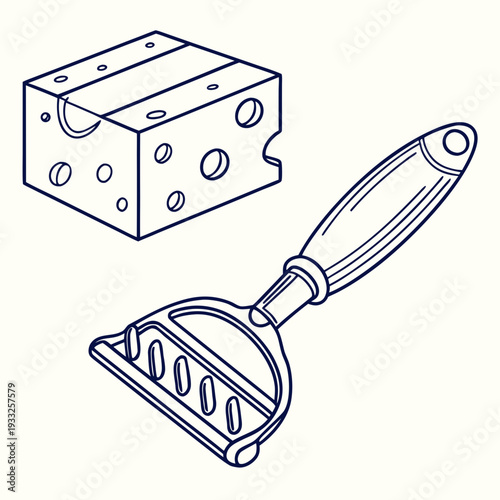 Cheese grater kitchen utensil and a large block of swiss cheese, food preparation tool with dairy product for cooking and meals