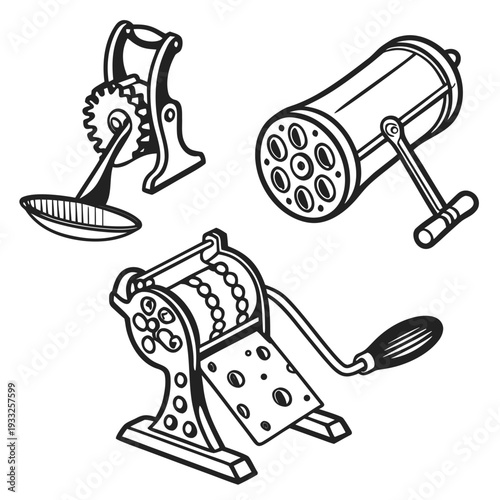 Antique and vintage cheese graters and slicers collection, detailed line art depicting retro kitchen gadgets for food preparation
