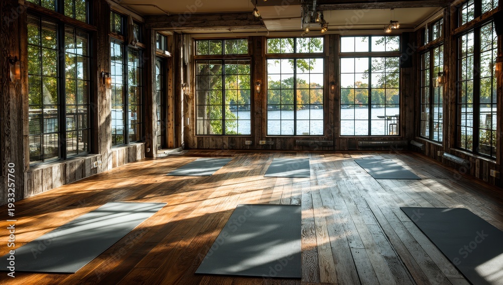 Fototapeta premium Serene Yoga Studio - Sunlight Streaming Through Panoramic Windows Overlooking Lake.