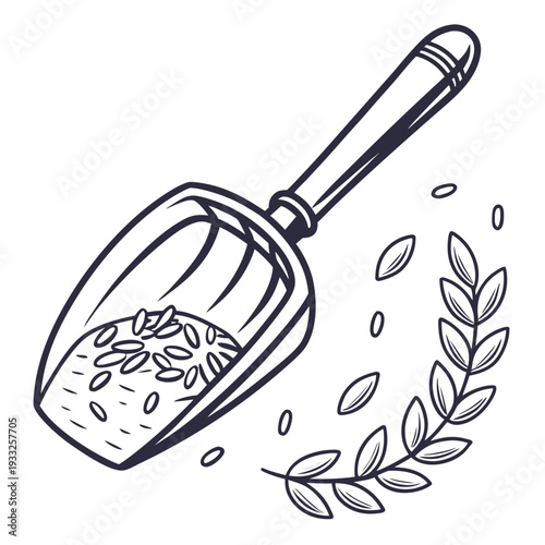 Scoop filled with grain seeds and wheat stalk with loose kernels, detailed line art illustration for food or agriculture.
