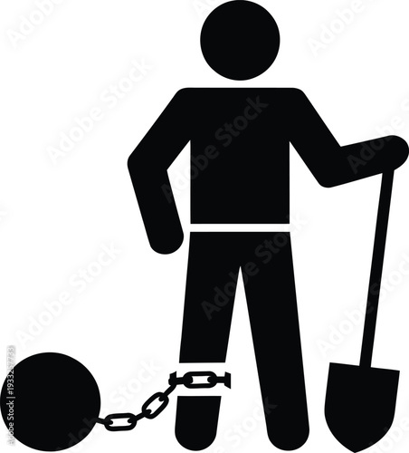 Prisoner with ball and chain attached to leg holding a shovel in one hand