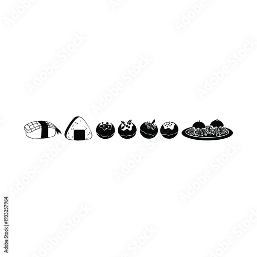 Black and white illustration of various japanese foods in a row