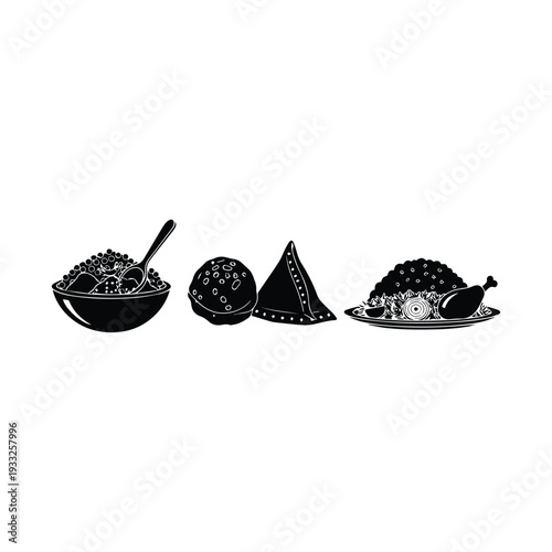 Black and white illustration of various indian food dishes arranged horizontally