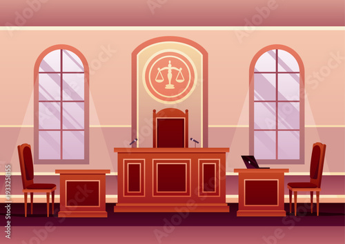 Courtroom interior cartoon vector background. Trial justice room illustration. Table and chair for lawyer, witness, prosecutor and defendant on hearing session. Supreme tribunal investigation scene