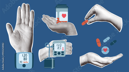 Human hands holding digital blood pressure monitor tonometer and medicine pills bottle with heart symbol. Cardiology healthcare concept.