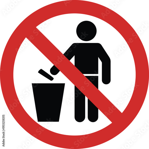 Prohibition sign indicating no littering with a person throwing trash into a bin symbolizing waste disposal rules and regulations for cleanliness.