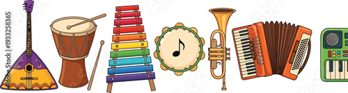 Musical instrument flat icon collection with acoustic guitar drum xylophone tambourine trumpet accordion and electronic keyboard for music education and creative performance design.