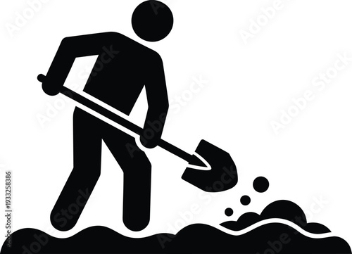Man digging with shovel illustrated in simple black iconography on white background symbolizing manual labor and outdoor work