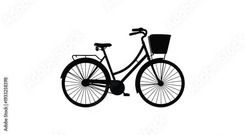 Bicycle with basket silhouette, black vector icon of two-wheeled transport, urban commuting and leisure cycling concept, clean simple design for web, apps, and print use.