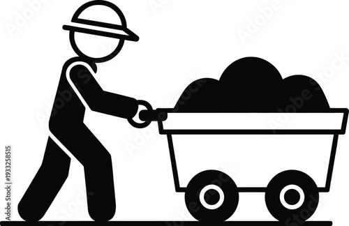 Miner pushing a cart filled with coal or ore in a simple black and white graphic illustration style representing manual labor and industrial work.